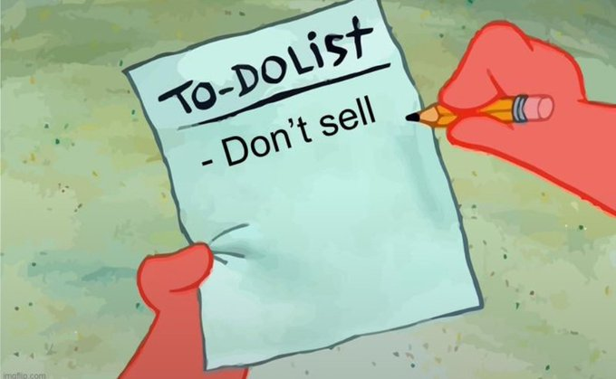 A cartoon illustration of red hands writing 'TO-DO LIST' on a piece of paper, with the single item being '- Don't sell'.