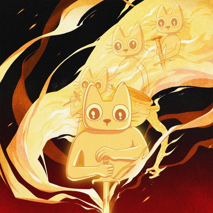 A stylized illustration shows four glowing yellow cats with wide, determined eyes emerging from swirling flames against a dark red and black background, with the central cat in the foreground gripping a sword-like object while the others appear behind it, visually reinforcing the post's message that no one wins alone by depicting multiple feline figures united in purpose and spirit.
