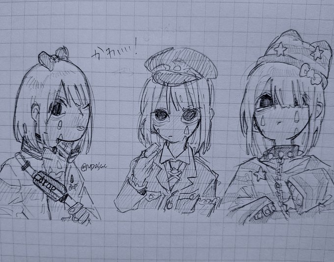 A pencil sketch on graph paper showing three anime-style girl characters with short hair in different military or uniform outfits, with Japanese text 'ウチッ!' above them.
