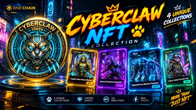 A vibrant promotional banner for the 'CYBERCLAW NFT COLLECTION' on BNB CHAIN, showcasing 4 unique collections with tiers ranging from 'Common' (Cyber Relief Street Cat, 50%) to 'Legendary' (CyberClaw Neon Ronin, 3%).