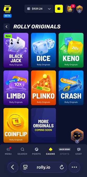 A user browses the "ROLLY ORIGINALS" casino games menu on rolly.io, featuring Blackjack (newly available), Dice, Keno, Limbo, Plinko, Crash, and Coinflip, with an account balance of $929.24 ready to be risked on the new Blackjack title.