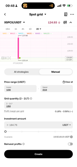 A cryptocurrency trading app screenshot showing XSPCX/USDT spot grid settings with a current price of 124.93, a price range of 100-210 USDT, and 150 grid quantity for investment of 184.76 USDT.