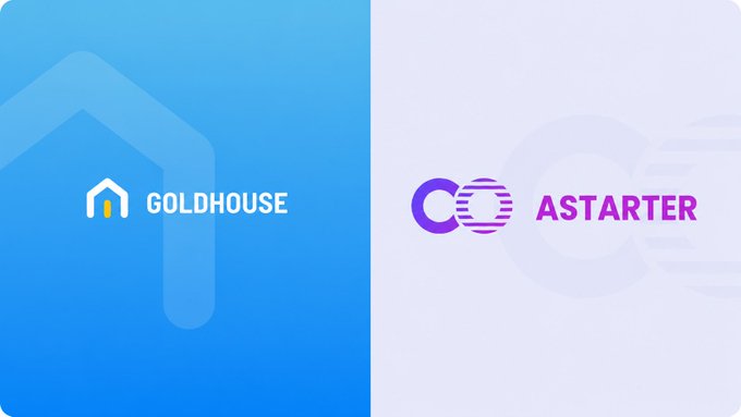 Split banner showing the 'GOLDHOUSE' logo with a house icon on a blue background and the 'ASTARTER' logo in purple on a white background, indicating a partnership between the two brands.