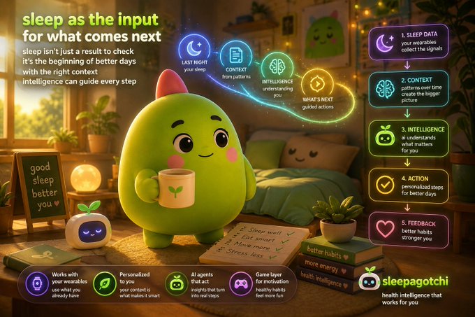 An infographic for 'sleepagotchi' featuring a cute green mascot holding a mug, illustrating how sleep data, context, and AI intelligence lead to better habits.
