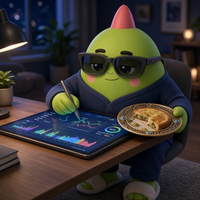 A 3D-rendered cartoon character resembling a green pickle or pear with a pink top, wearing sunglasses and a blue sweater, sits at a desk with a tablet showing charts and a plate of food.