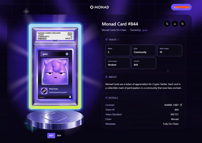 A digital trading card-style NFT display shows "Monad Card #844" owned by ".gyan," featuring a purple character with traits including Community Wave "C," Community Role, Mint Grade 10, Card Guard "Verdant," and details such as Token Standard ERC721 on the Monad chain, directly responding to the "show me your Monad card" prompt with a personalized on-chain collectible.