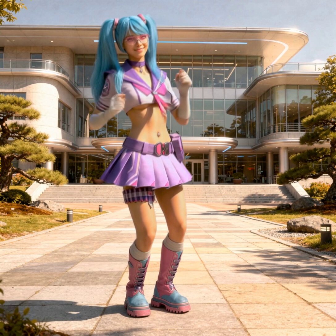 The image features a woman dressed in a unique outfit, possibly anime-inspired, standing on a sidewalk next to a building. She has blue hair and is wearing pink boots that match her skirt. The woman appears to be posing for a photo or participating in an event related to the NFT collection.