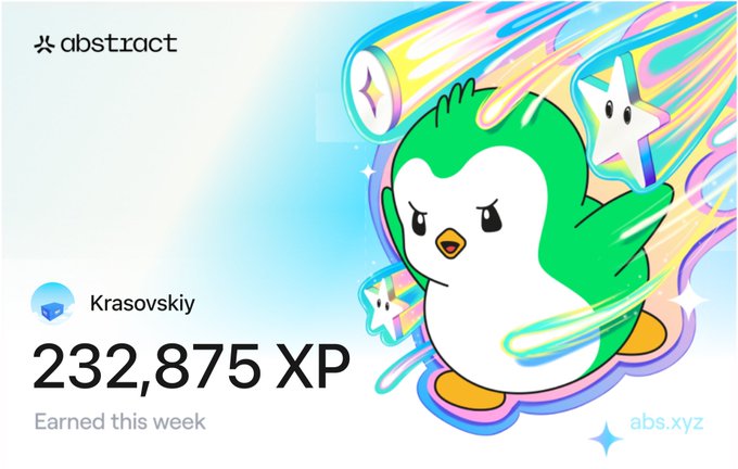 A colorful XP recap card from Abstract features a green and white penguin mascot with '232,875 XP Earned this week' attributed to user 'Krasovskiy'.