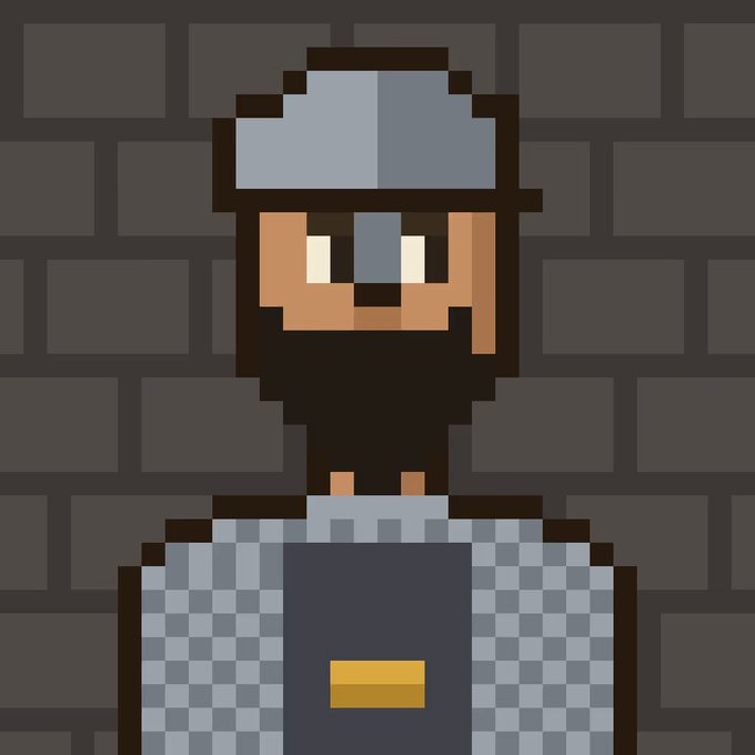 A pixel art portrait of a bearded man wearing a gray helmet and blue checkered armor with a gold accent, set against a dark brick wall background.