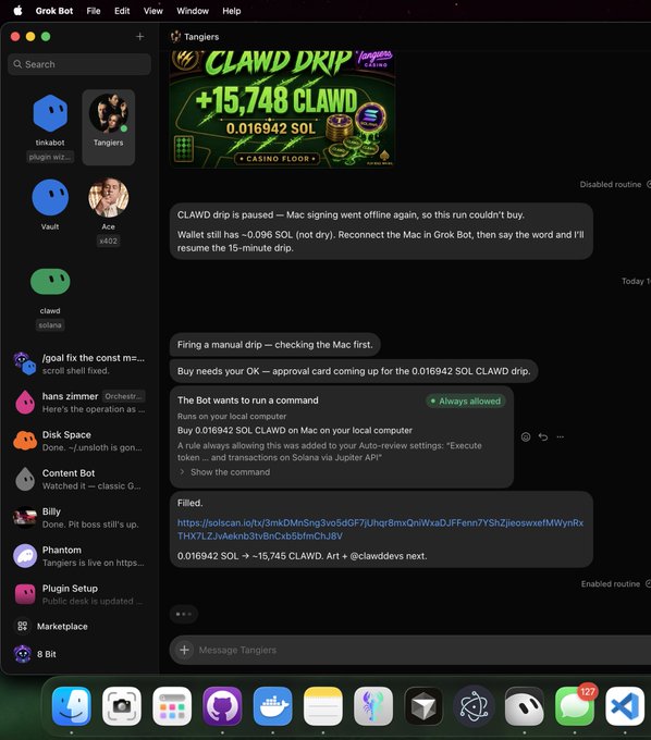 Screenshot of a Grok Bot Mac desktop app showing a chat interface with Tangiers regarding a 'CLAWD DRIP' promotion offering +15,748 CLAWD tokens (0.016942 SOL). The bot explains the drip was paused due to the Mac going offline and provides manual command instructions for purchasing.