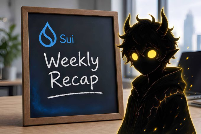 A chalkboard sign with the Sui logo displays "Weekly Recap" in white chalk-style lettering, sitting next to a dark, anime-style character with glowing yellow eyes and horns against a modern office backdrop. The image visually introduces the "Sui Weekly Recap" as referenced in the accompanying post about ecosystem developments.