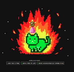 A retro pixel art game screen showing a green dinosaur-like character on fire with a small character standing on top, with 'GAME OVER' and instructions to 'WIN TAKE 2 FIRE' and 'LOSE MISCHIEVOUS TURNED (1/1)'.