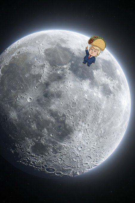 An image of a detailed gray moon against a black starry background, with a small cartoon character wearing a sombrero, suit, and mustache floating near the upper right edge of the moon.