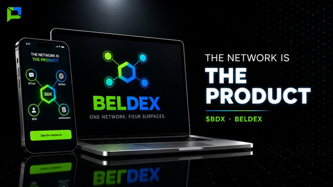 A promotional graphic for the cryptocurrency 'BELDEX ($BDX)' featuring the tagline 'THE NETWORK IS THE PRODUCT' and 'ONE NETWORK. FOUR SURFACES.', showing the platform's interface on a smartphone and laptop screen against a black background.