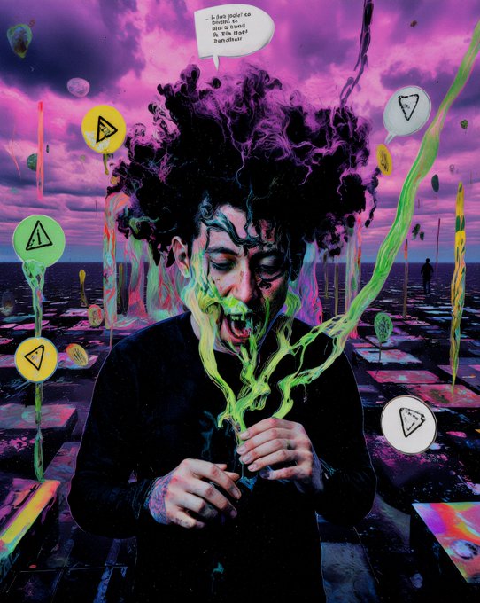 A vibrant, surreal digital artwork featuring a man with wild hair screaming as neon green liquid erupts from his mouth, surrounded by colorful chat bubble icons against a purple sky and checkered landscape.