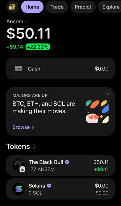 A trading app screenshot shows the user "Ansem" with a portfolio value of $50.11, up $9.14 (+22.32%), holding 177 $ANSEM tokens (tied to "The Black Bull") valued at $50.11. The image reflects the post's excitement about gains within the $ANSEM ecosystem, highlighting the user's positive returns and gratitude to the community members mentioned.