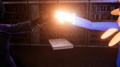 A 3D rendered scene showing two hands reaching toward each other over an open book, with a bright glowing light between them and bookshelves in the background.