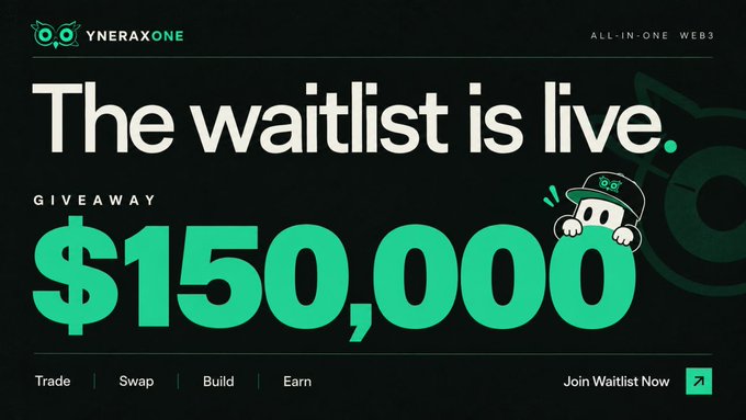 A promotional graphic with a dark background announcing 'YNERAXONE ALL-IN-ONE WEB3' and 'The waitlist is live.' for a '$150,000 GIVEAWAY' with options to 'Trade | Swap | Build | Earn' and a 'Join Waitlist Now' button.