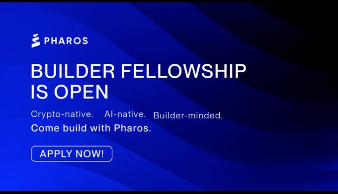 A promotional banner for the Pharos Builder Fellowship with a dark blue background, featuring the Pharos logo and the headline "BUILDER FELLOWSHIP IS OPEN" alongside the tagline "Crypto-native. AI-native. Builder-minded" and an "APPLY NOW!" button. The image visually supports the post's message about Pharos launching a hands-on fellowship program for builders to work directly with the team, rather than just offering typical hackathons or bounties.