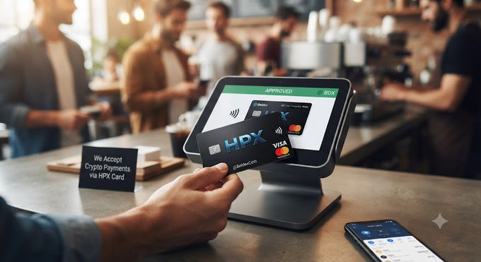A person uses a contactless HDX credit card to pay at a POS terminal in a busy cafe, with a sign reading 'We Accept Crypto Payments via HPX Card' visible on the counter.