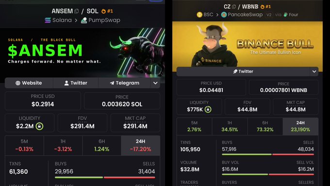 A crypto tracking dashboard displaying two tokens: $ANSEM on Solana/PumpSwap (price $0.2914, MKT CAP $291.4M) and BINANCE BULL (CZ) on BSC/PancakeSwap (price $0.04481, MKT CAP $44.8M) with transaction statistics.