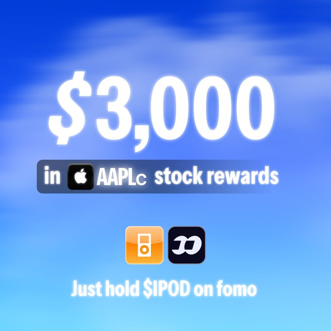 The image is a promotional graphic set against a blue sky background, featuring large white text reading "$3,000 in AAPLc stock rewards" along with Apple and LinkedIn-style icons, plus orange and black app icons, with the caption "Just hold $IPOD on fomo" — illustrating the post's offer of a $3,000 AAPLc (Apple stock) giveaway for users who hold $IPOD tokens on the Fomo platform.