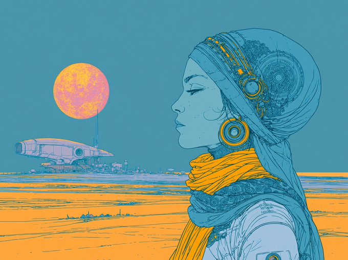 A stylized illustration in blue and orange tones depicting a woman in profile wearing an ornate headpiece and large earrings, with a spaceship and a large orange moon in the background landscape.