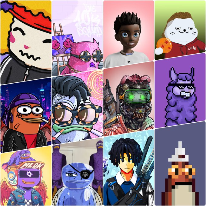 A collage of diverse NFT profile pictures including cartoon-style characters, a pink cat with sunglasses, a cyberpunk robot, and pixel art creatures.