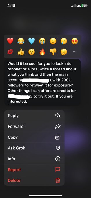 The image shows an iPhone screenshot of a text message offering compensation (200k followers, credits) in exchange for writing a promotional thread about a crypto project, followed by a context menu with "Report" and "Delete" options highlighted. The user is flagging this suspicious DM as a potential crypto scam win, likely reporting the unsolicited influencer solicitation offer.