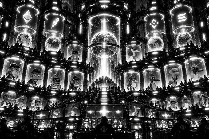 A black and white surreal, futuristic scene featuring a central illuminated sphere surrounded by multiple cylindrical display cases containing various NFT characters, with small silhouetted figures walking among them.