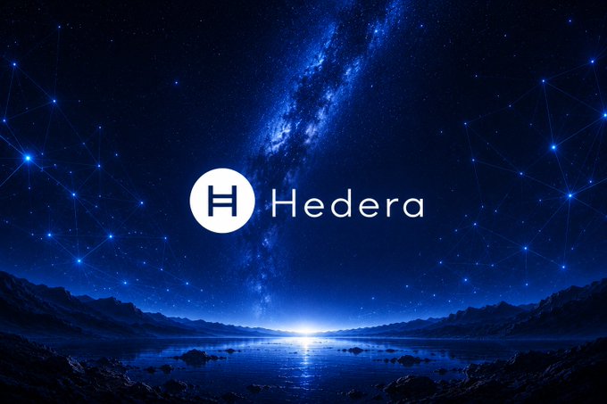 The image features the "Hedera" logo centered against a dramatic blue cosmic backdrop with a Milky Way-like galaxy, starry network connections, and a glowing horizon over a dark landscape. This visually reinforces the post's message of futuristic, next-generation technology, positioning Hedera as the foundational platform for building what comes next.