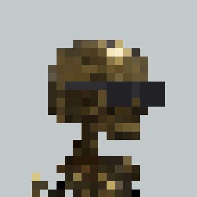A pixel art rendering of a character in brown/gold camouflage wearing dark sunglasses against a gray background.