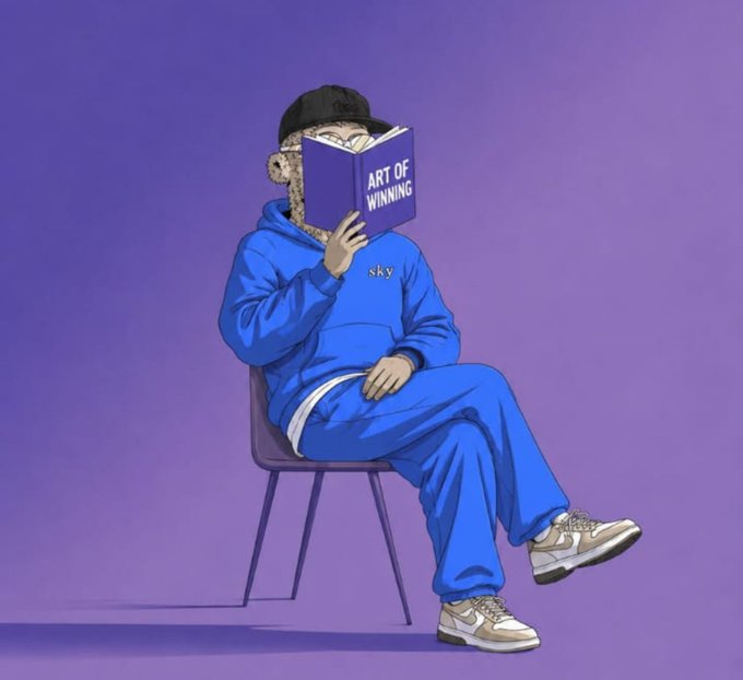 An illustrated artwork of a person in a blue tracksuit and black cap sitting on a chair reading a book titled 'ART OF WINNING' against a purple background, with 'sky' text on the hoodie.