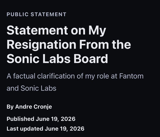 The image shows a black background with white text that reads "Public statement on My resignation from the Sonic Labs board". The text also includes details about the founder of Sonic Labs, Andre Cronje, who has left the company. The post mentions that the founder is no longer involved in the company and that the new CEO has not yet been named. Additionally, there are two dates provided: one for when the founder left and another for when the new CEO was named.