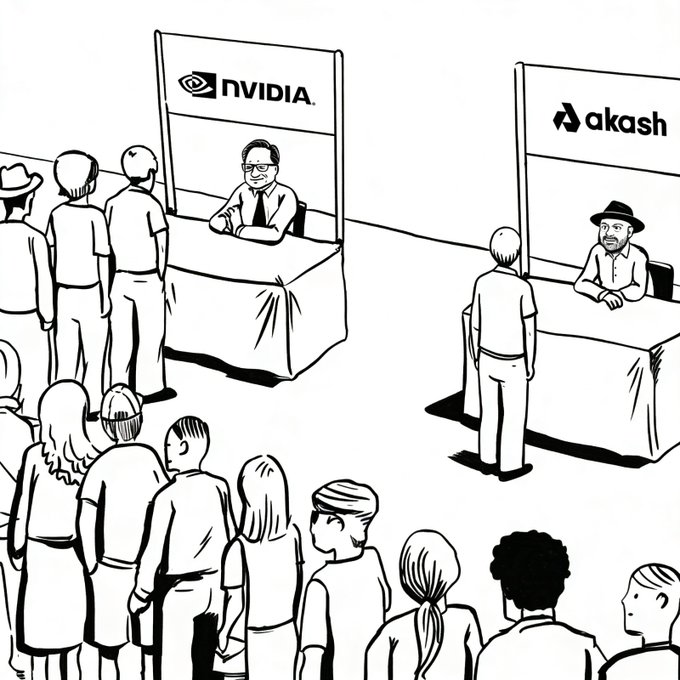 The image shows a crowd of people gathered around two tables, with one table displaying a sign that says "nvidia" and the other table having a sign for "@akashnet". The crowd appears to be waiting or standing around these tables, possibly attending an event related to technology or gaming. The post about the crowd forming after @nvidia says it is funny how people always seem to gather around a specific point of interest when that point is mentioned. This could be due to the popularity of the company or the product associated with the table they are gathered around.