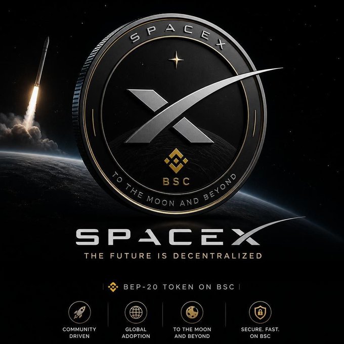 The advertisement features a black background with a silver coin at its center, prominently displaying "SPACEX" above the coin, followed by an illustration of a rocket launching into space. The text reads: "SPACEX Airdrop Task: 1 SPCX (=~$8.8) for first 2000 participants each. Referral: ... (10% in BNB + 100% SPACEX). Airdrop Link & Information". The post suggests that this is a Bitcoin Airdrop, where participants can expect to receive 1 Bitcoin and there's an additional 10% reward for referring others to the Airdrop.