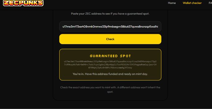Screenshot of the ZecPunks wallet checker interface displaying a guaranteed whitelist spot for the address u17me3mt73xe408rmk0nmwz33lp9m6segvv586vu37quwa8ncnzgzfxzafk, confirming the user's eligibility to mint on the designated mint day.