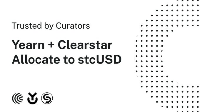 The image is a promotional graphic with the text "Trusted by Curators" above a bold heading that reads "Yearn + Clearstar Allocate to stcUSD," alongside three logos (Morpho, Yearn, and Stargate) and a decorative dot-pattern design on the right. It visually supports the post's announcement that Yearn and Clearstar have integrated stcUSD into their Morpho V2 vaults on Katana, highlighting the growing institutional trust in the asset.