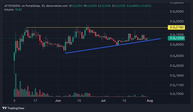 This image displays a daily chart for the JETDOG/SOL cryptocurrency pair on PumpSwap, showing a bullish trend with no red candles despite a challenging market. The accompanying text highlights the token's fair launch, lack of manipulation, and the holder's intention to take profits moderately on their 45 million tokens.