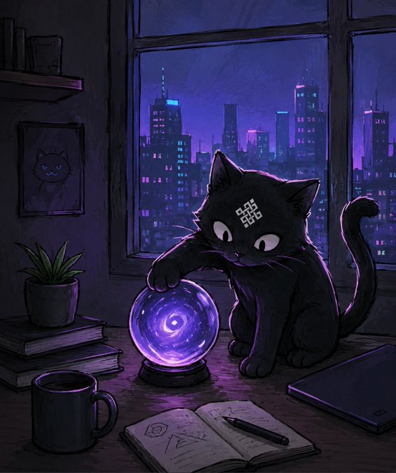 A black cat with a geometric symbol on its forehead taps a glowing crystal ball containing a swirling galaxy, surrounded by books and notes on a desk with a nighttime cityscape visible through the window.

The image visually echoes the post's theme of AI evolution: the mystical cat tapping into a swirling cosmos parallels Ritual's approach of tapping into decentralized infrastructure, while the cryptic notes and arcane symbols on the desk evoke the "transparent and verifiable" yet still enigmatic nature of next-generation AI networks.