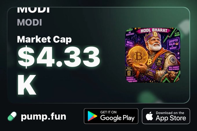 A promotional graphic for the 'MODI' token on pump.fun showing a market cap of $4.33K, with app store buttons and an illustration of a figure holding a Bitcoin coin.