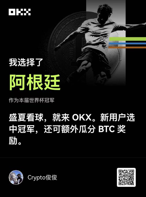 A black OKX promotional poster featuring a soccer player silhouette with Chinese text declaring "我选择了阿根廷作为本届世界杯冠军" (I chose Argentina as this World Cup champion), offering BTC rewards for new users picking the winner, linked to the post's claim of genuine excitement rather than paid sponsorship.

The image pairs with the caption by visually showing the creator's personal "pick" for the World Cup—Argentina—aligning with their claim that sharing OKX World Cup predictions stems from genuine enthusiasm ("玩得太上瘾了") rather than a paid promotion.