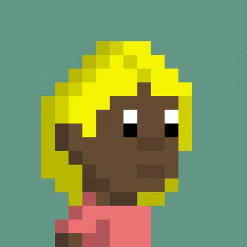 A low-resolution pixel art portrait of a person with yellow hair, brown skin, wearing a pink top against a teal background.