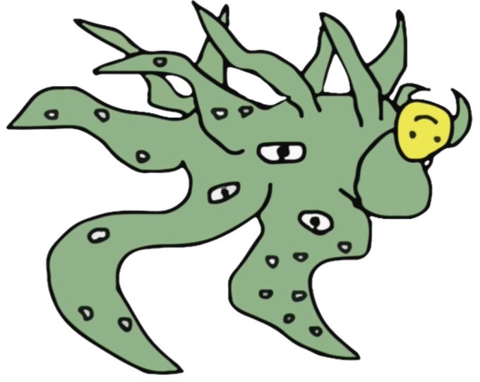 A cartoon illustration of a green tentacled creature with multiple eyes and a yellow lemon-like face attached to one side, set against a white background.