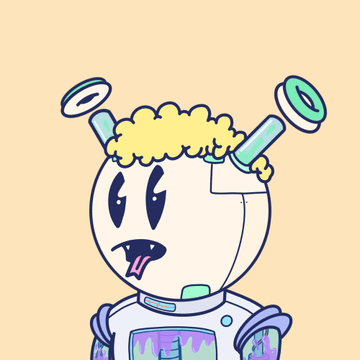 A cartoon character with a white round head, curly yellow hair, and antenna-like appendages with green circles, wearing a white suit with a purple tie, on a pale yellow background.