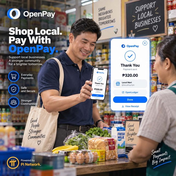 A man smiles while holding up his phone showing a successful OpenPay transaction of ₱320.00 at a local mart, surrounded by fresh groceries and community-focused signage promoting local businesses. The image illustrates the post's message of using OpenPay for everyday purchases to support small, local merchants.