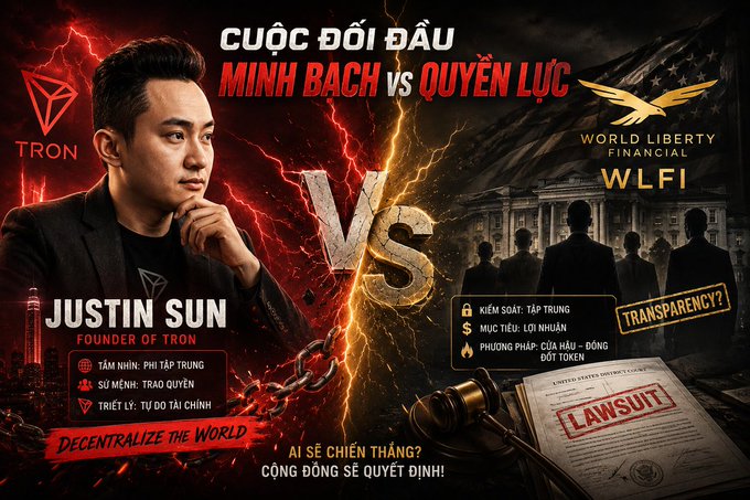 A promotional graphic titled "Cuộc Đối Đầu Minh Bạch vs Quyền Lực" (Transparency vs Power Clash) depicts Justin Sun, Founder of TRON, facing off against World Liberty Financial (WLFI), with imagery of a courtroom gavel and "Lawsuit" document, referencing his legal victory in a California federal court over the $45 million WLFI investment dispute.