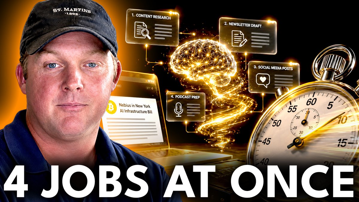 A YouTube-style thumbnail showing a man in a 'St. Martins' cap alongside graphics labeled 'Content Research,' 'Newsletter Draft,' 'Social Media Posts,' and 'Podcast Prep,' with bold text '4 JOBS AT ONCE' and a Bitcoin-related headline about a Nebius AI infrastructure bill.