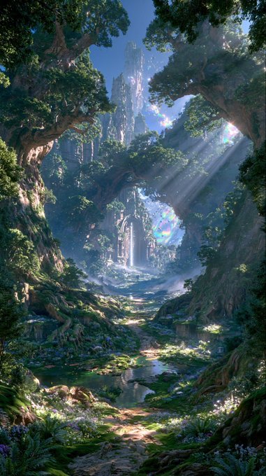 A fantasy digital artwork depicting a lush, magical forest with a stone tower/castle in the distance, illuminated by sun rays filtering through massive trees.