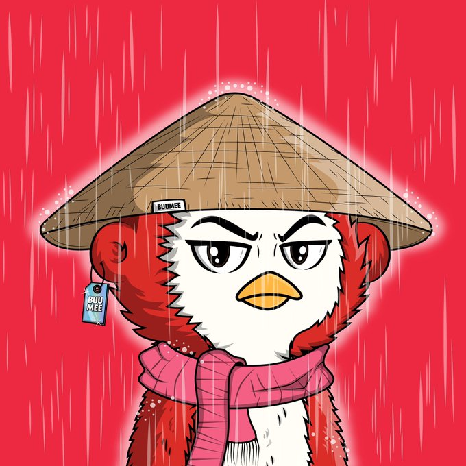 A cartoon illustration of an angry red and white penguin-like character wearing a straw hat and pink scarf against a red background with rain effects, labeled "BUUMEE" on a tag.